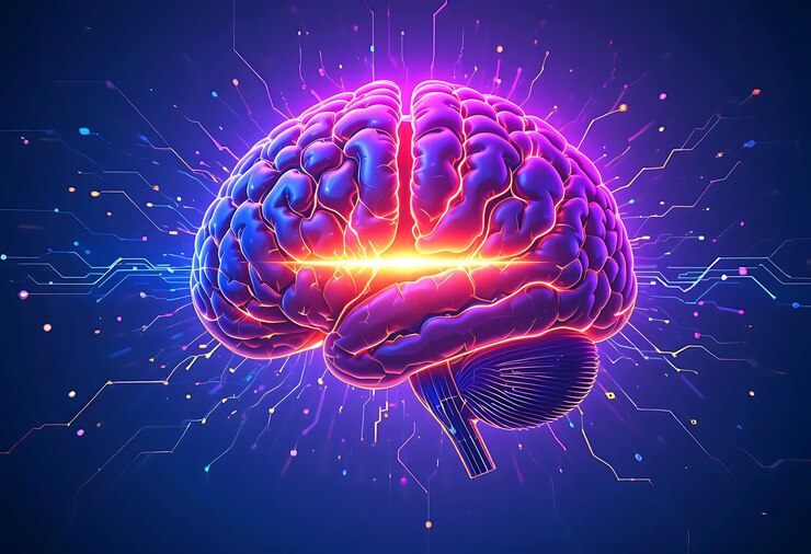 El cerebro humano en un fondo de red neuronal roja y azul