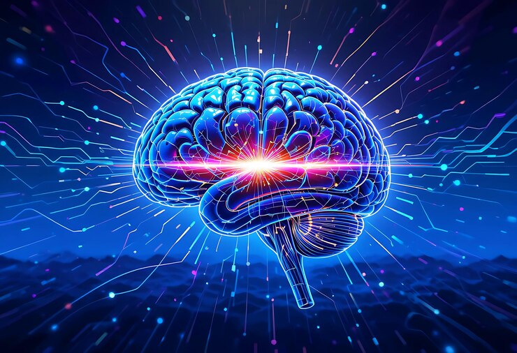 El cerebro humano en un fondo de red neuronal roja y azul