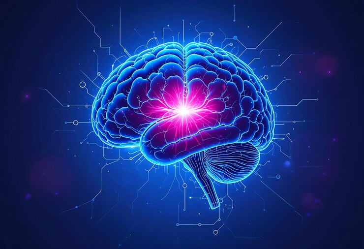 El cerebro humano en un fondo de red neuronal roja y azul