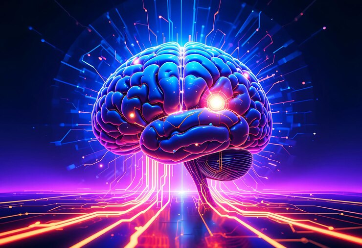 El cerebro humano en un fondo de red neuronal roja y azul
