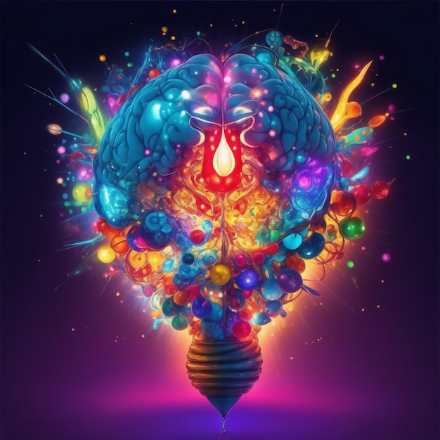 Foto el cerebro humano con forma de bombilla está rodeado por un aura vibrante de bombillas de colores.