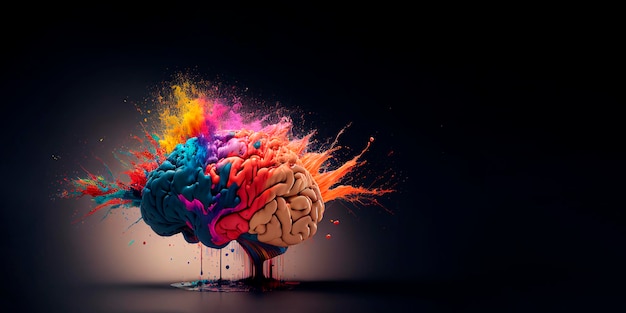 Cerebro humano generado por IA explotando en pintura colorida con espacio para texto