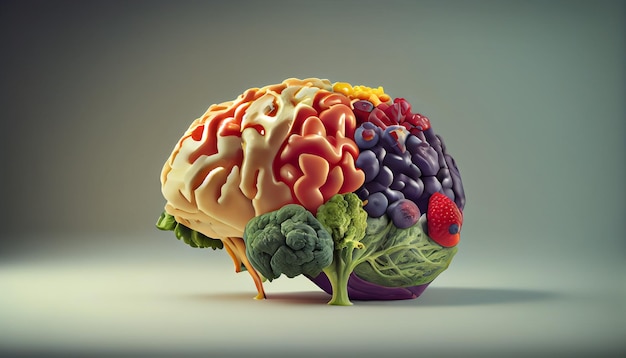 Cerebro humano hecho de frutas y verduras El concepto de alimentos nutritivos para la salud cerebral y la memoria