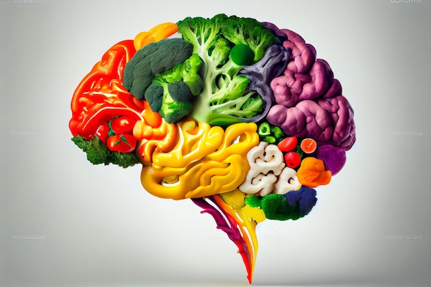 Cerebro humano hecho de frutas y verduras El concepto de alimentos nutritivos para la salud y la memoria del cerebro IA generativa