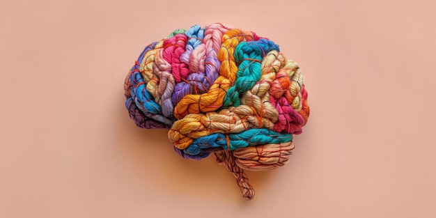 Foto el cerebro humano hecho de hilos enredados multicolores sobre un fondo rosa