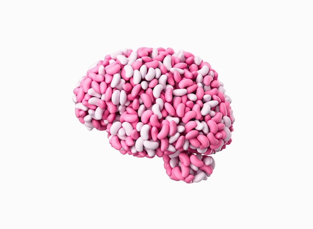Cerebro humano hecho de jalea cubierta de azúcar rosa y blanca en fondo blanco Ilustración 3D