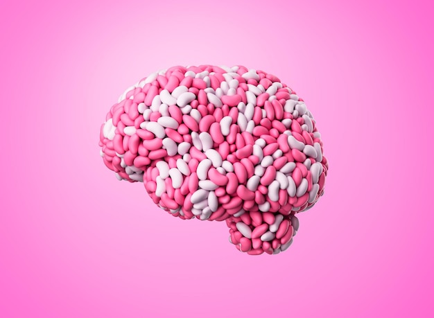 Cerebro humano hecho de jalea cubierta de azúcar rosa y blanca en fondo rosa Ilustración 3D