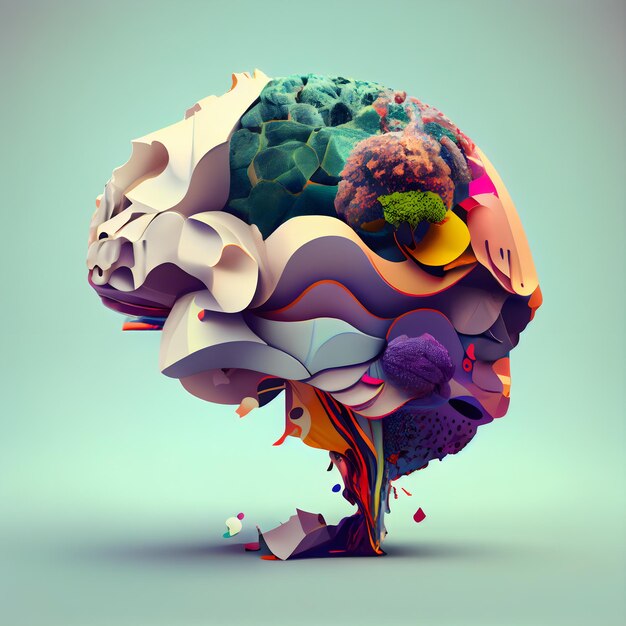 Cerebro humano hecho de piezas de papel de colores 3d ilustración