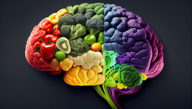 Cerebro humano hecho de variedad de vegetales coloridos concepto de nutrición vegetariana vegana saludable Día Mundial de la Salud la clave para el bienestar global