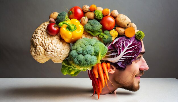 El cerebro humano hecho de una variedad de verduras coloridas concepto de nutrición saludable vegetariana vegana