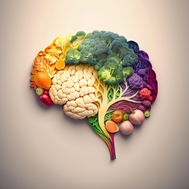 Cerebro humano hecho de vegetales coloridos Concepto de nutrición saludable IA generativa