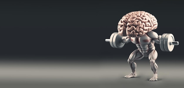 El cerebro humano levanta peso con memoria con mancuernas y entrenamiento mental, poder cerebral y mentalidad