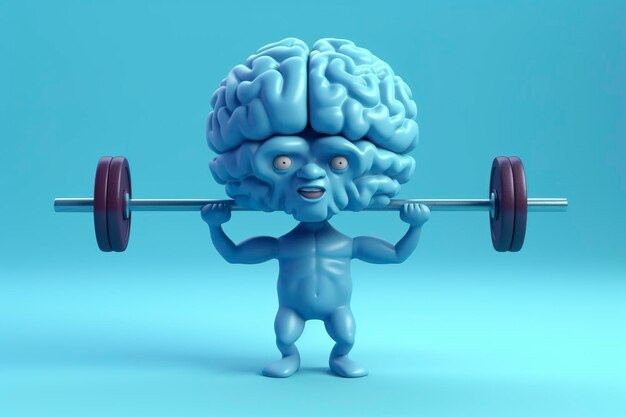 Foto cerebro humano levantando pesas cerebro 3d levantando una mancuerna pesada mente entrenamiento memoria salud prevención del alzheimer entrenamiento cerebral educación estudio y salud mental concepto generado por ia