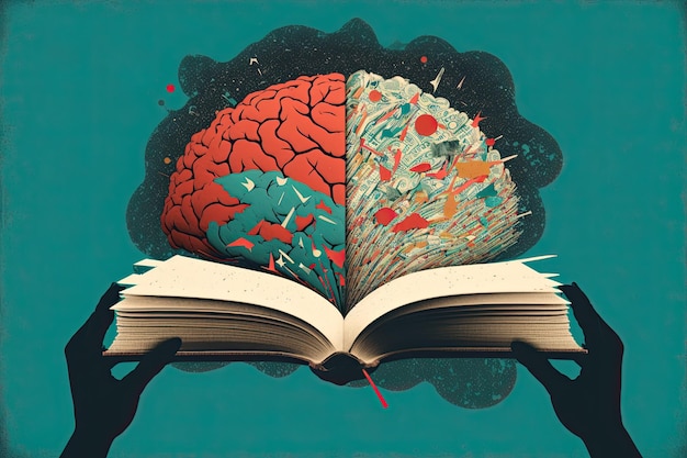 Cerebro humano en un libro y fondo de color Concepto abstracto mínimo de cultura escolar inteligencia lectura o educación Cargador para la idea del cerebro IA generativa