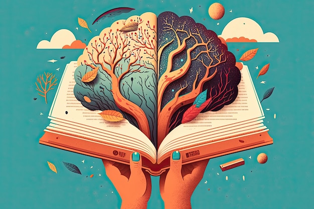 Cerebro humano en un libro y fondo de color Concepto abstracto mínimo de cultura escolar inteligencia lectura o educación Cargador para la idea del cerebro IA generativa