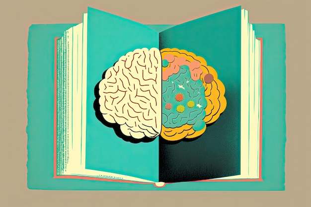 Cerebro humano en un libro y fondo de color Concepto abstracto mínimo de cultura escolar inteligencia lectura o educación Cargador para la idea del cerebro IA generativa