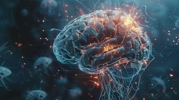 Un cerebro humano mejorado con implantes futuristas brillantes