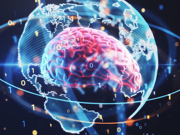 Cerebro humano en el mundo cibernético en fondo azul oscuro inteligencia artificial y concepto de red neuronal IA generativa