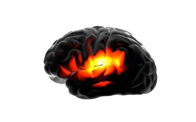 Cerebro humano negro sobre fondo blanco aislado dolor rojo brillante Concepto salud y enfermedad en accidente cerebrovascular estrés vértigo depresión agotamiento cáncer cerebral Lluvia de ideas idea de pensamiento ilustración 3d