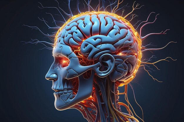 Foto cerebro humano y nervio formando una cara futurista que ilustra el poder de nuestras neuronas y nuestra vida virtual diseño de estilo minimalista