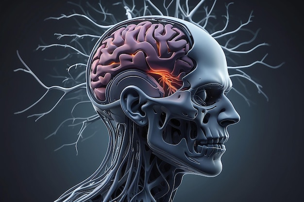 Cerebro humano y nervio formando una cara futurista que ilustra el poder de nuestras neuronas y nuestra vida virtual diseño de estilo minimalista