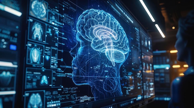 Cerebro humano y pantalla electrónica en exhibición Atención médica con tecnología de IA avanzada