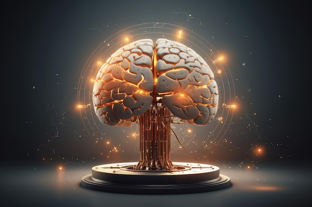 Cerebro humano en un pedestal Concepto de inteligencia artificial Renderización 3D IA generada