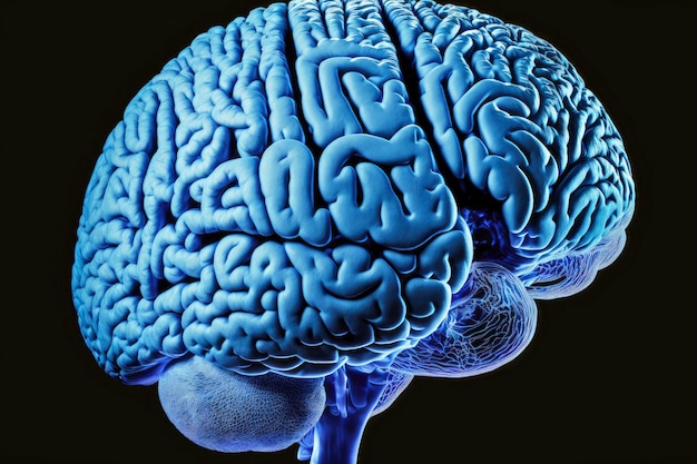 Cerebro humano presentado en forma de modelo azul sobre fondo negro