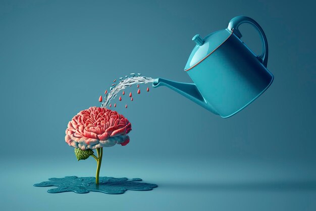 Foto el cerebro humano que crece de una regadera de flores está vertiendo agua en la mente concepto de salud mental actitud positiva pensamiento creativo ia generativa