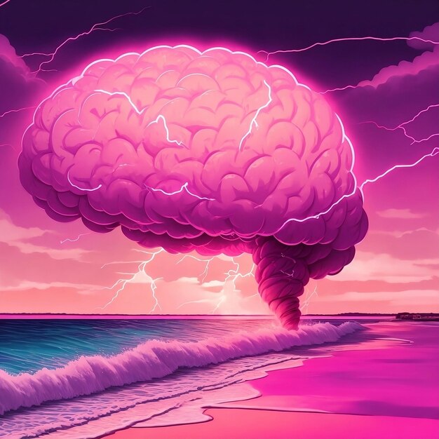 un cerebro humano rosado con una nube rosada que dice relámpago