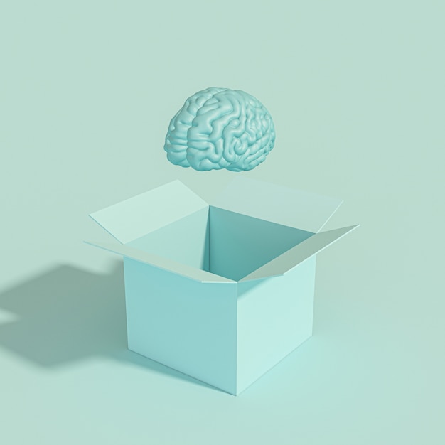 Cerebro humano saliendo de una caja