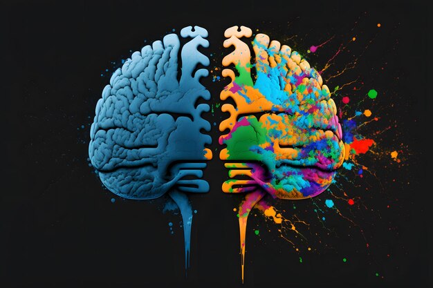 Cerebro humano en salpicaduras de colores sobre fondo negro Arte generado por redes neuronales