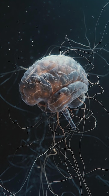 Foto cerebro humano transparente con redes y conexiones neuronales visibles