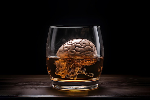 El cerebro humano en un vaso de alcohol está sobre la mesa Malos efectos del alcohol en el cerebro y la salud