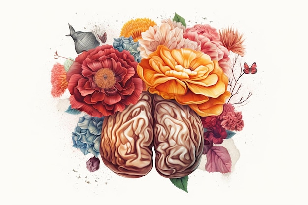 Cerebro con ilustración de flores Concepto de mente creativa creado con IA generativa