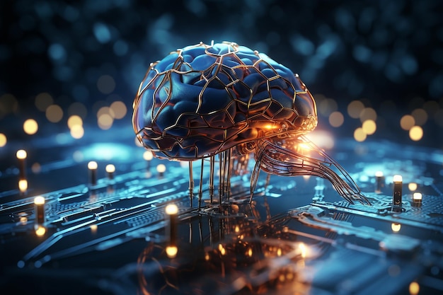 Cerebro de inteligencia artificial en el fondo de conexiones de datos