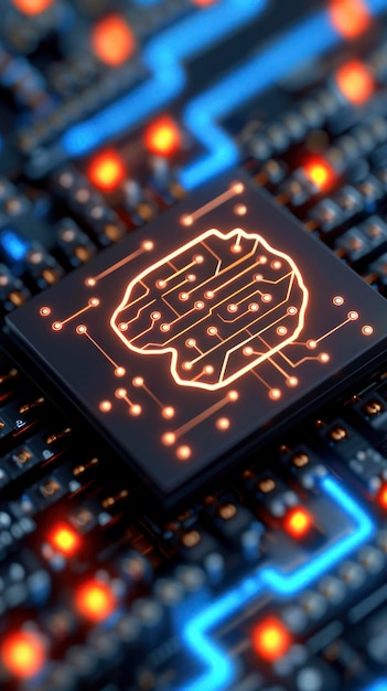 Cerebro de inteligencia artificial en una placa de circuitos que brilla con luz roja