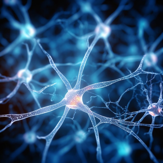Cérebro intrincado sistema nervoso complexo de rede neural close-up de neurônios de destaque celular design médico