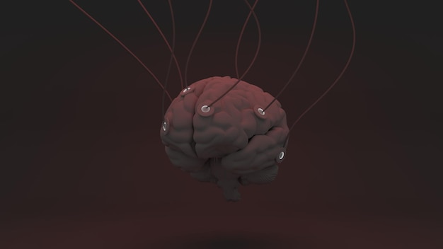 El cerebro investiga la ilustración del concepto 3d sobre fondo oscuro con luces rojas