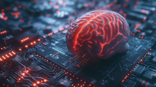 un cerebro con luces rojas en él se muestra en una computadora