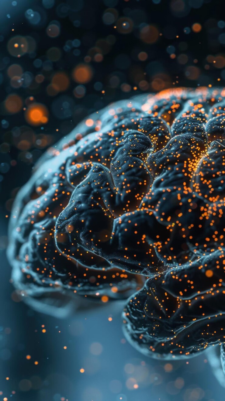 Un cerebro con manchas naranjas y negras