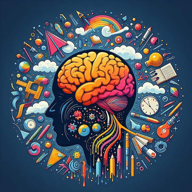 El cerebro, la mente, la idea creativa, el concepto, la inteligencia, la creatividad, la ilustración, el diseño, la educación.