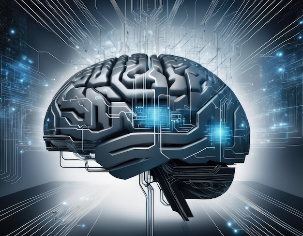 Cerebro metálico mecánico con iluminación de neón Concepto de inteligencia artificial