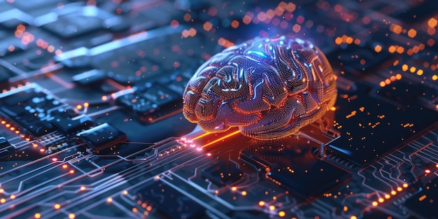 Un cerebro se muestra en un chip de computadora El cerebro está rodeado por una red de cables y circuitos Concepto de tecnología e inteligencia artificial