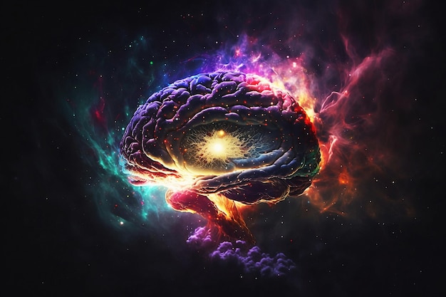 Cerebro multicolor que brilla intensamente en el espacio ultraterrestre