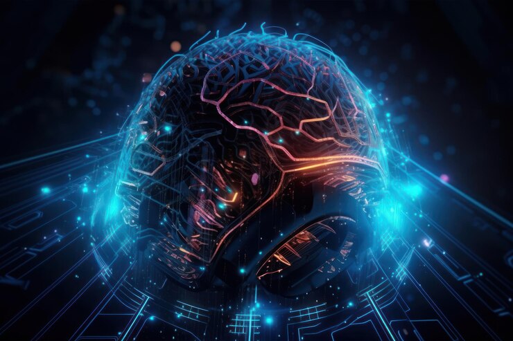 Un cerebro de neón azul y rojo con la palabra cerebro en él