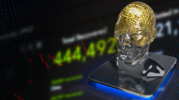 El cerebro de oro en la cabeza clara en la tableta para la representación 3d del concepto de negocio o tecnología
