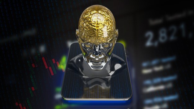 El cerebro de oro en la cabeza clara en la tableta para la representación 3d del concepto de negocio o tecnología