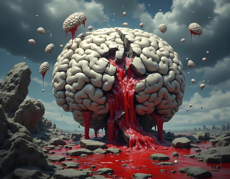 un cerebro con pintura roja en él está en el medio de un cerebro