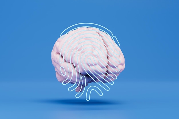 Cerebro de protección de la información en el que se imprime biométricamente en un render 3D de fondo azul